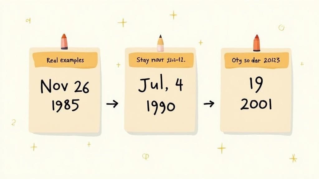Illustration of three dates on sticky notes: Nov 26 1985, Jul 4 1990, and 19 2001.