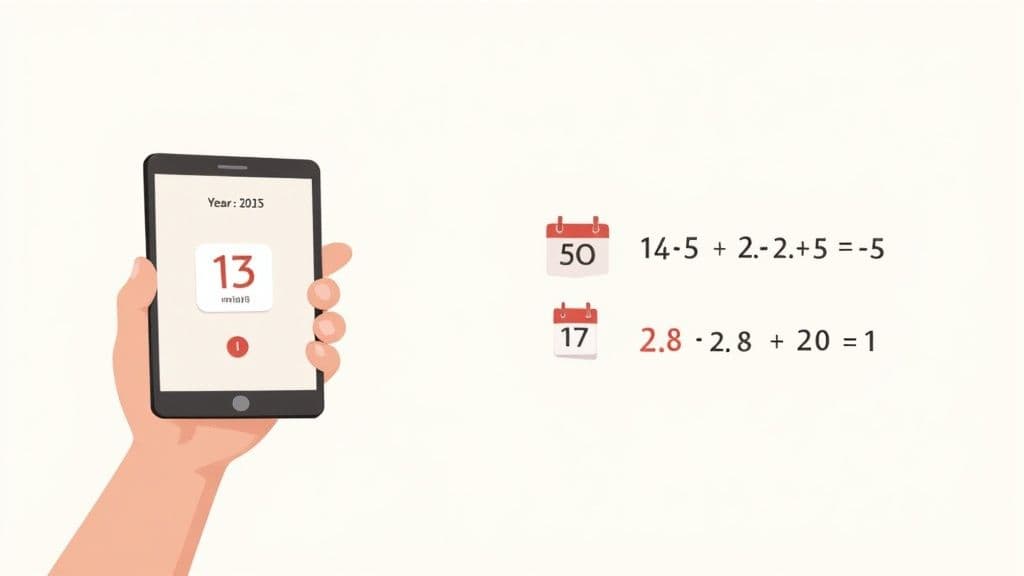 A hand holds a smartphone showing 'Year: 2015' and '13', next to calendar icons with math equations.