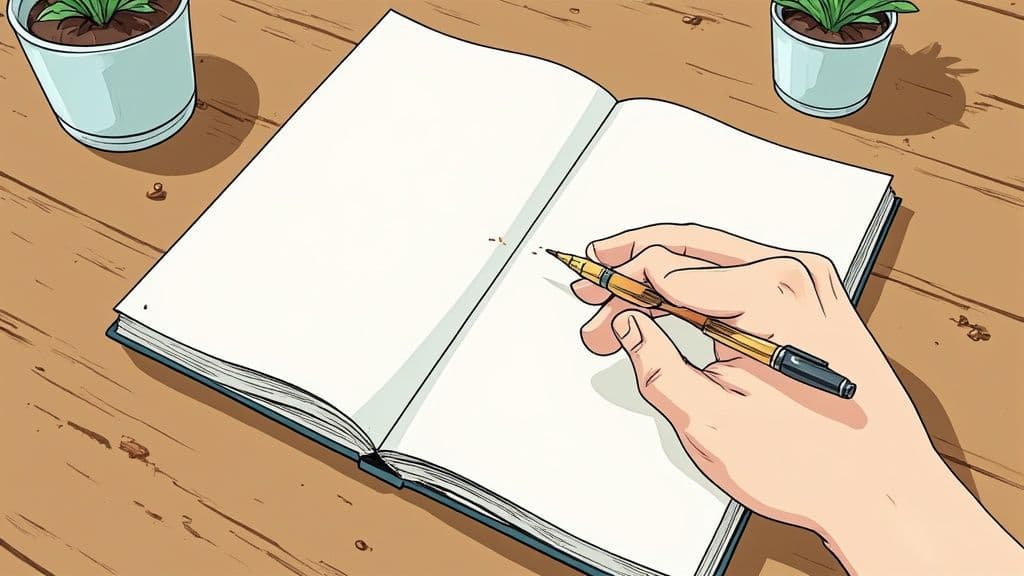 Person journaling near a window with a serene natural view.