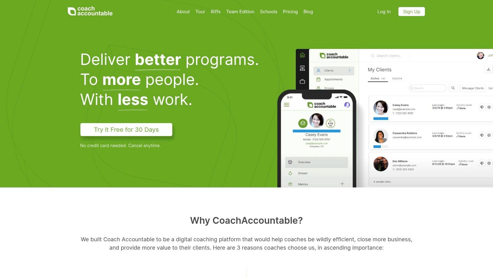 CoachAccountable's dashboard for tracking client metrics and progress.