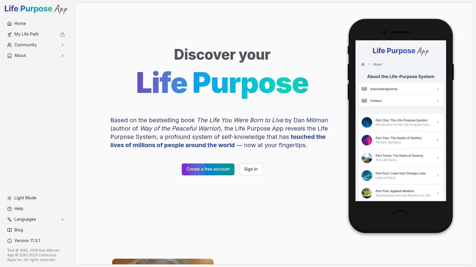 A screenshot of the Life Purpose App interface showing a life path description.