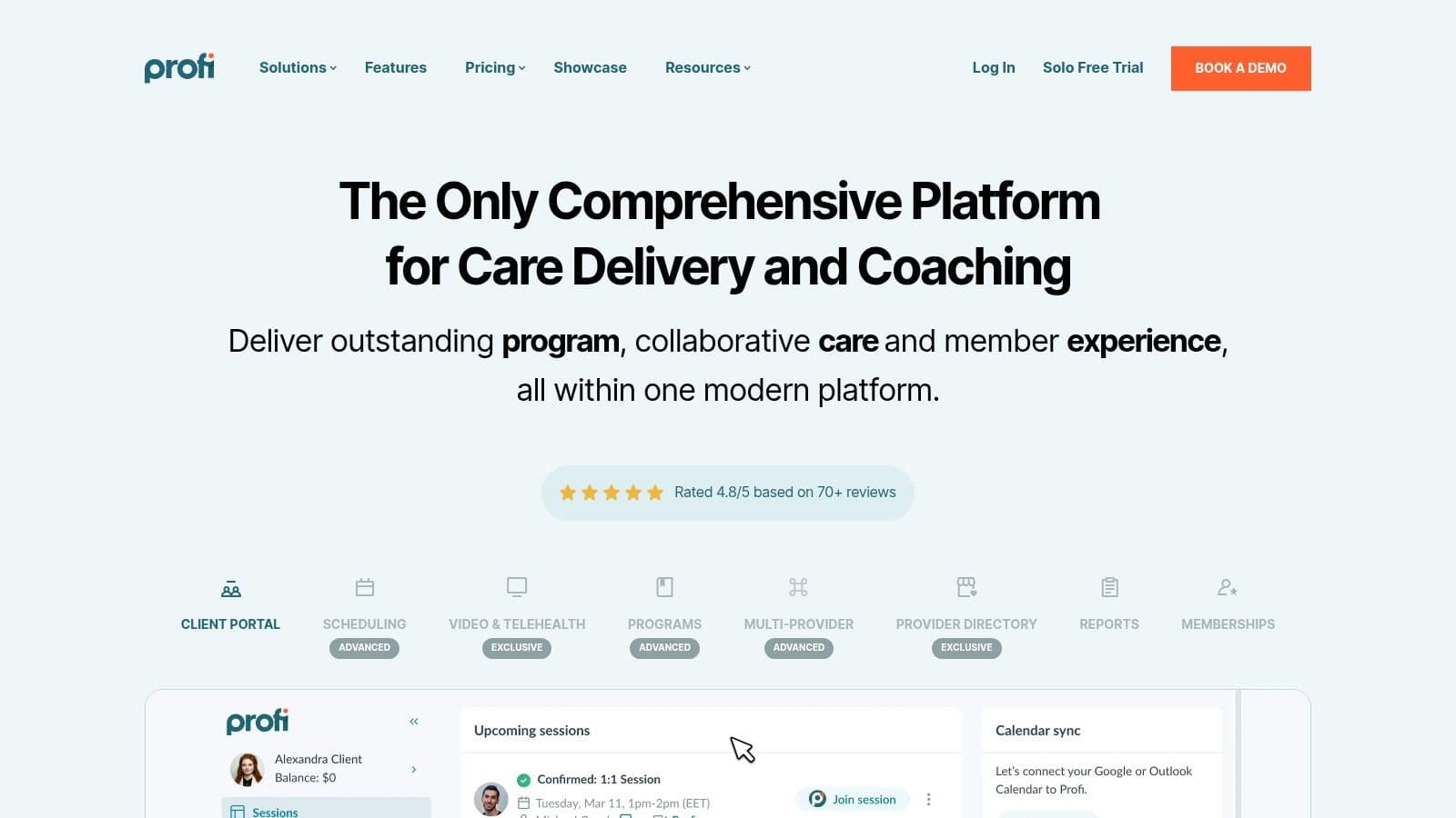 The Profi.io dashboard, showing features for managing programs, sessions, and client communication.