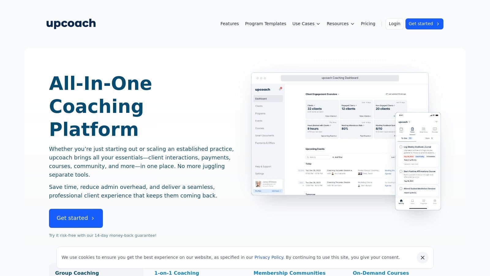 upcoach's dashboard for managing client programs and tracking progress.