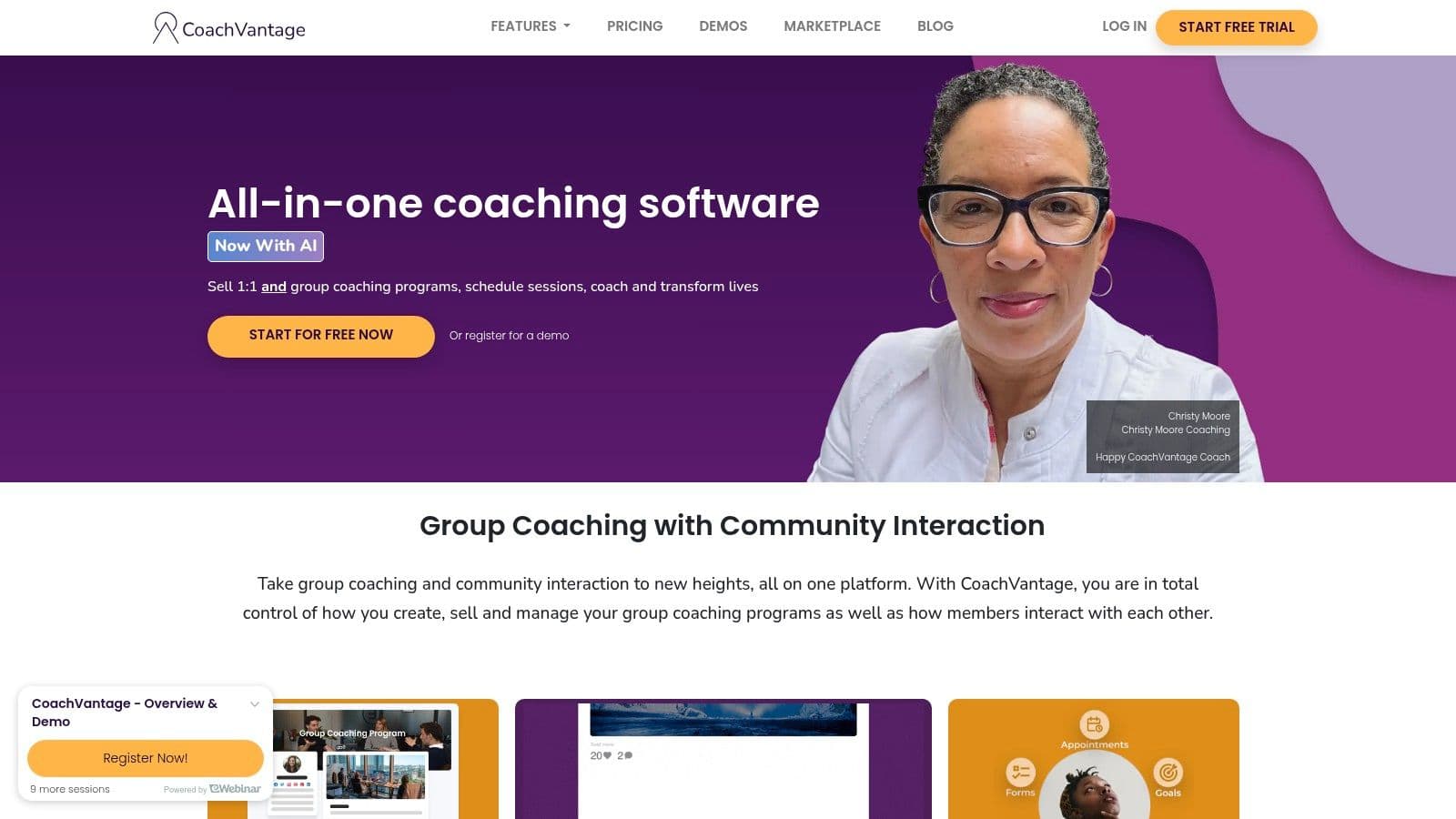 CoachVantage dashboard showcasing client management and scheduling features.