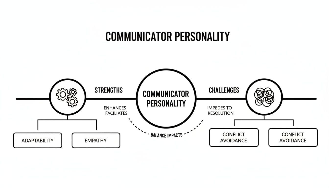 Infographic on communicator personality: strengths like adaptability and empathy, and challenges such as conflict avoidance.