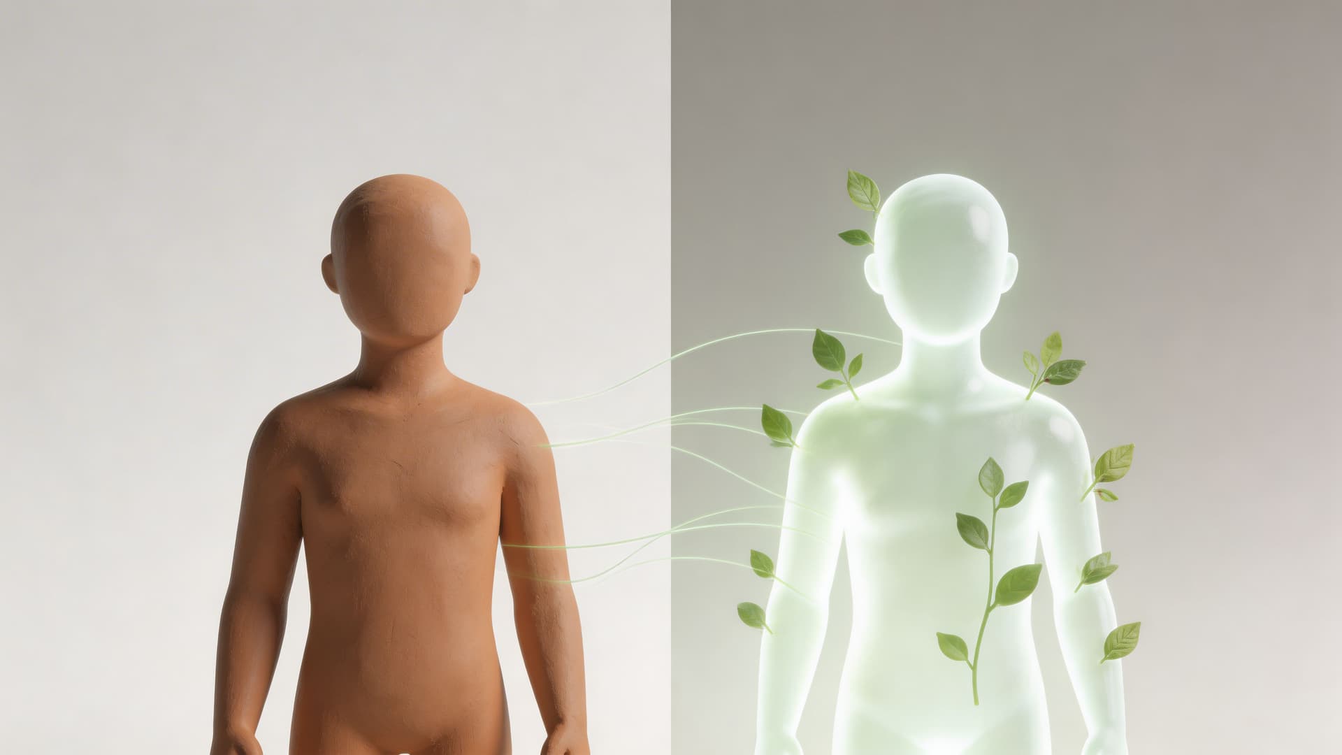 A conceptual image showing a clay figure transforming into a glowing green spirit figure with sprouting leaves.