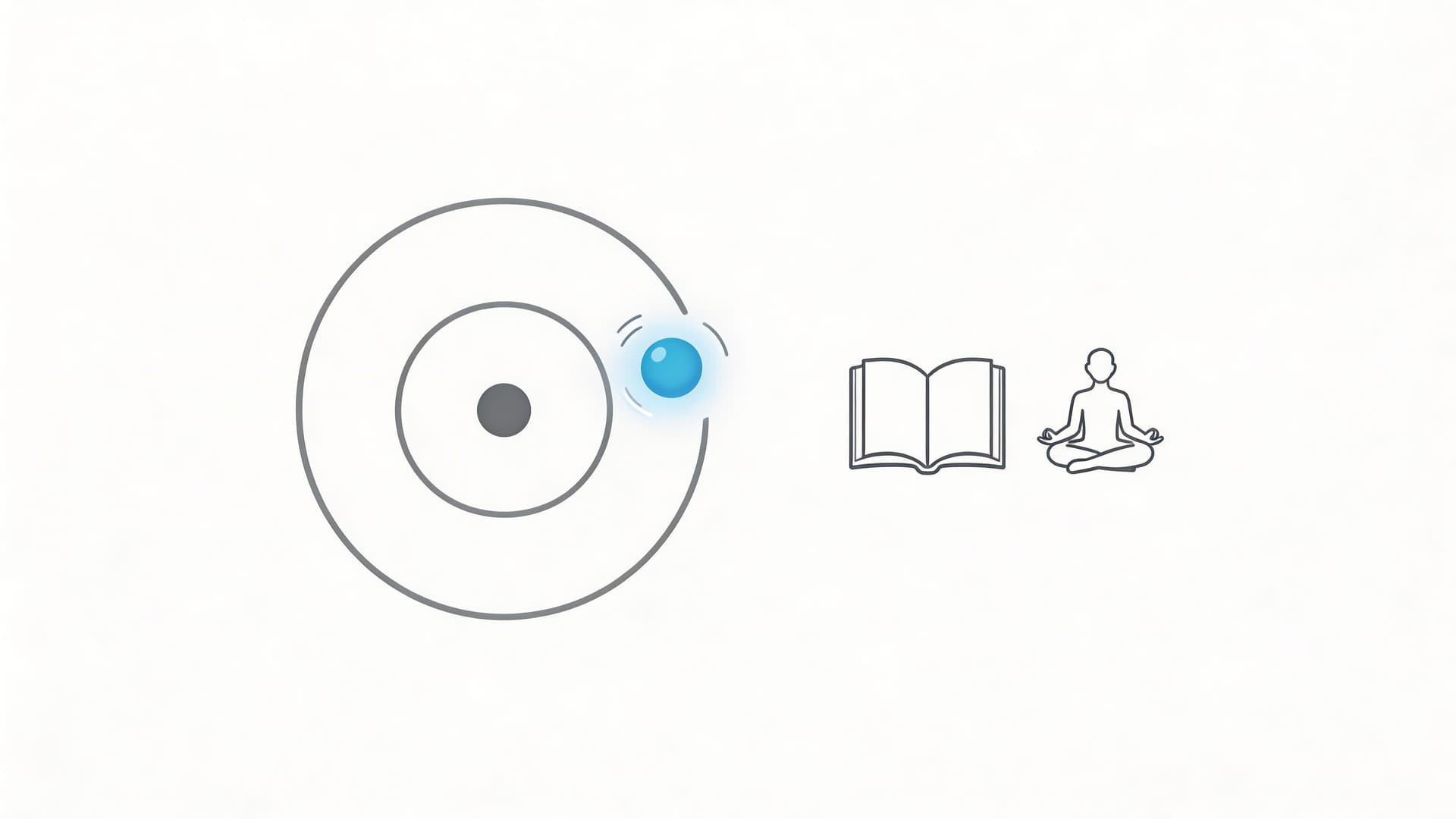 A minimalist graphic depicting an atom-like symbol next to an open book and a person meditating.