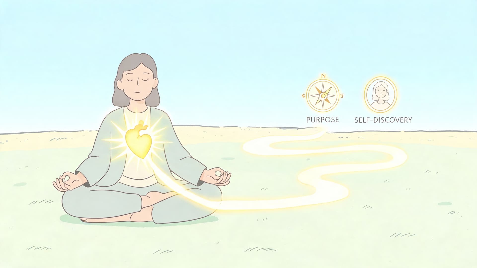 A meditative woman with a glowing heart radiating a path toward purpose and self-discovery symbols.