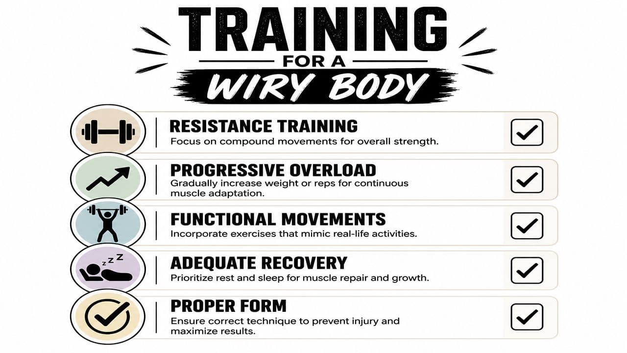 A checklist infographic titled Training for a Wiry Body highlighting five essential exercise and recovery principles.