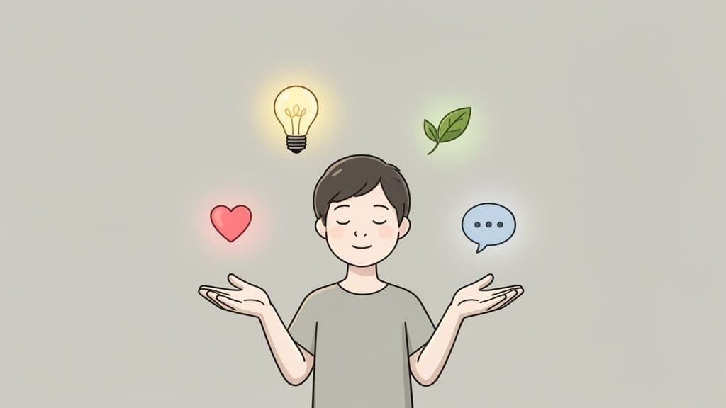 A cartoon illustration of a calm boy balancing a heart, lightbulb, leaf, and speech bubble above his hands.