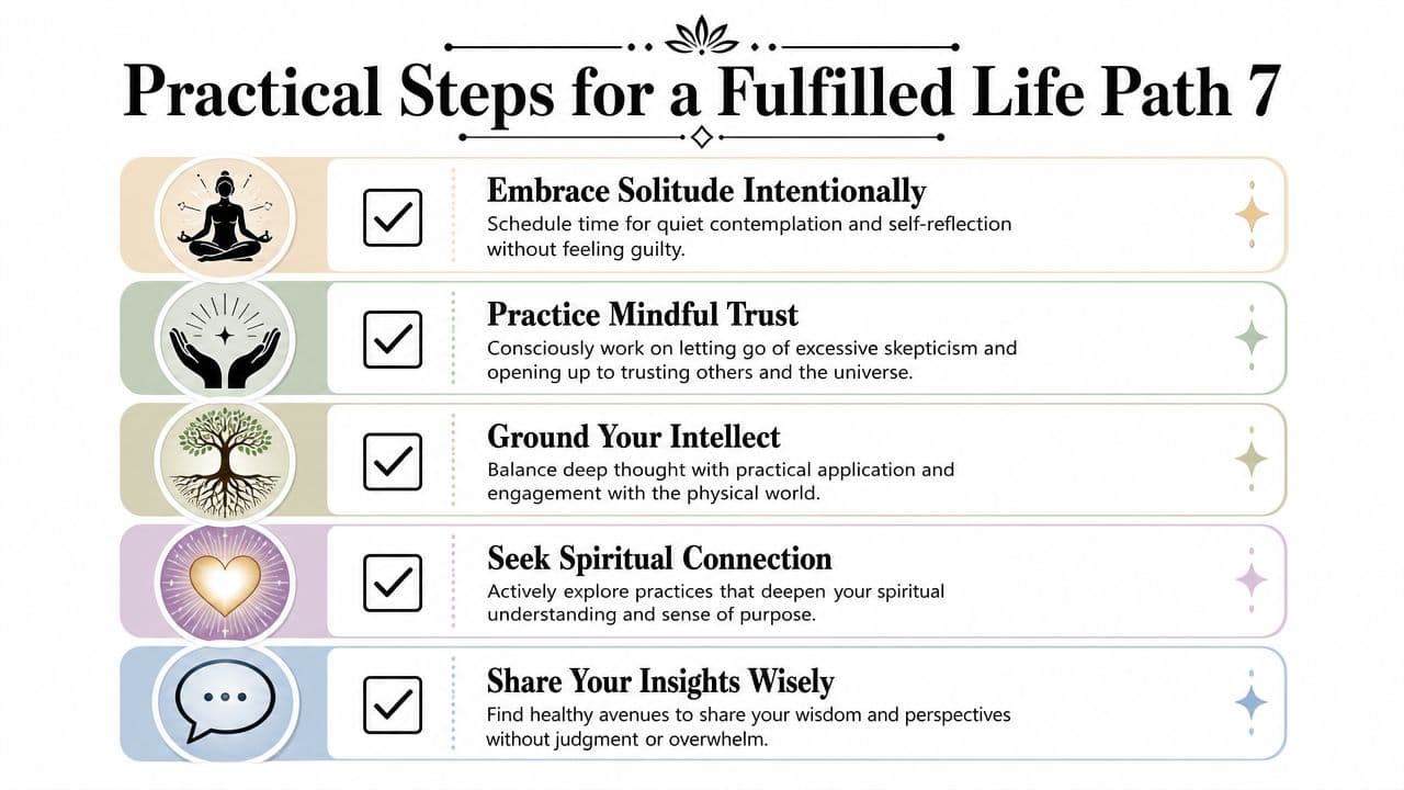 An infographic titled Practical Steps for a Fulfilled Life Path 7 featuring five numbered spiritual improvement tips.