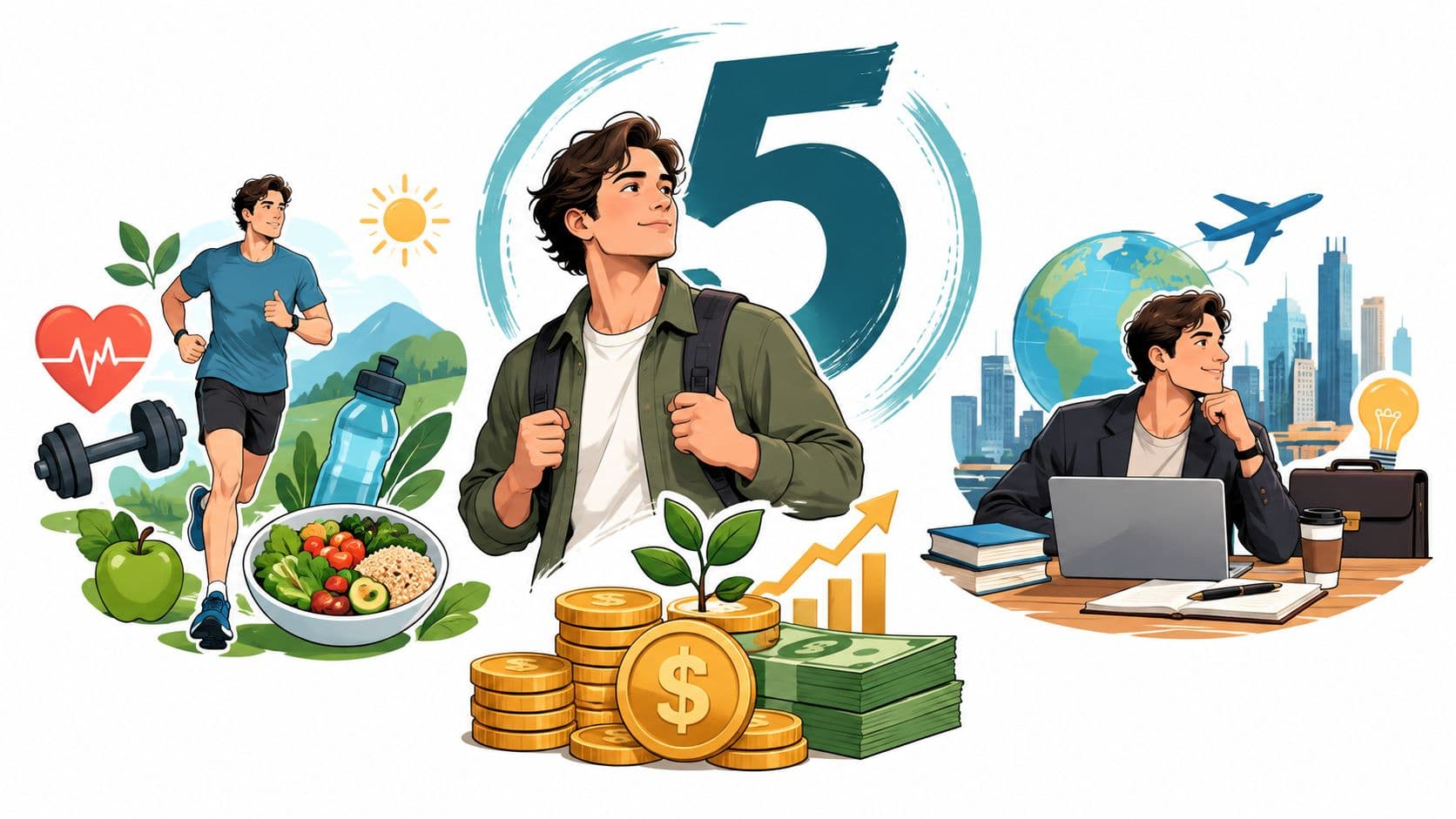 A conceptual illustration representing life path number five with imagery of travel, fitness, financial success, and professional growth.