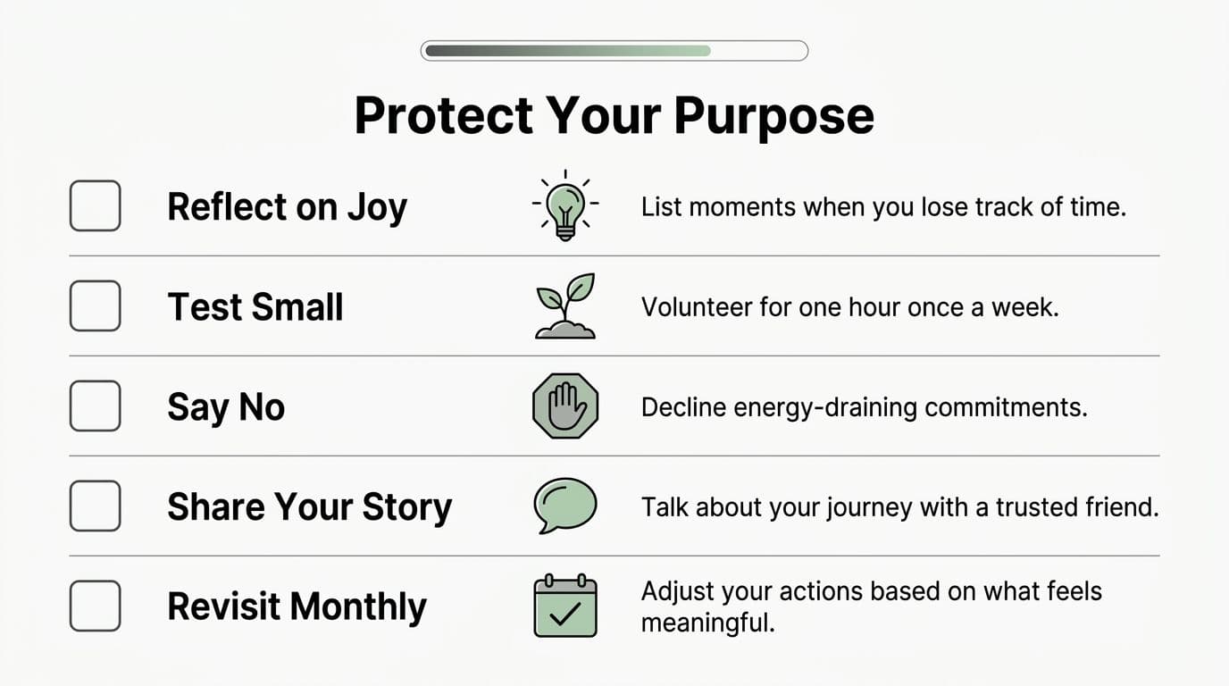 A checklist titled Protect Your Purpose with five actionable steps for personal growth and finding meaning.
