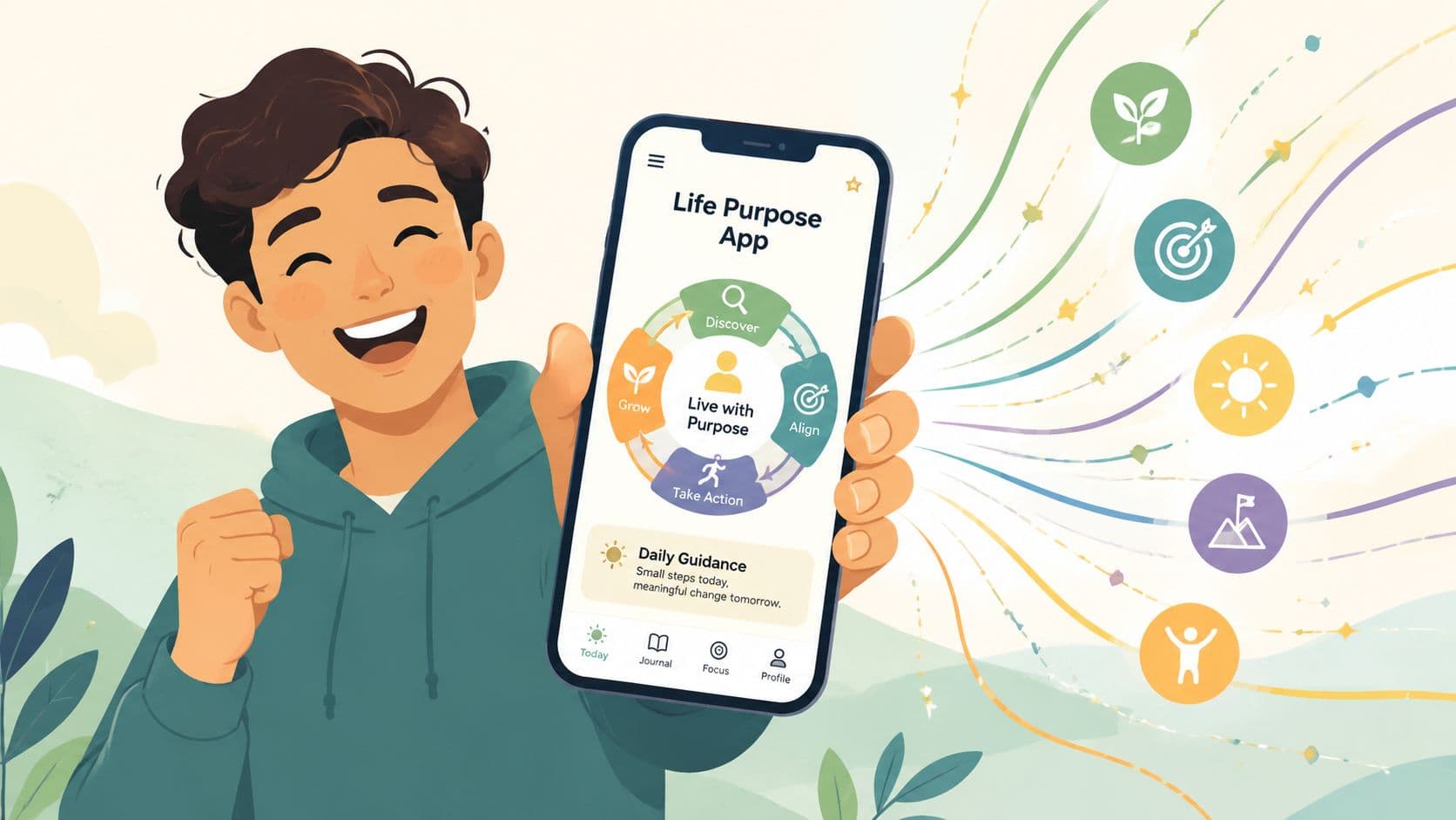 A cheerful young man holding a smartphone showing a Life Purpose app interface with wellness icons.