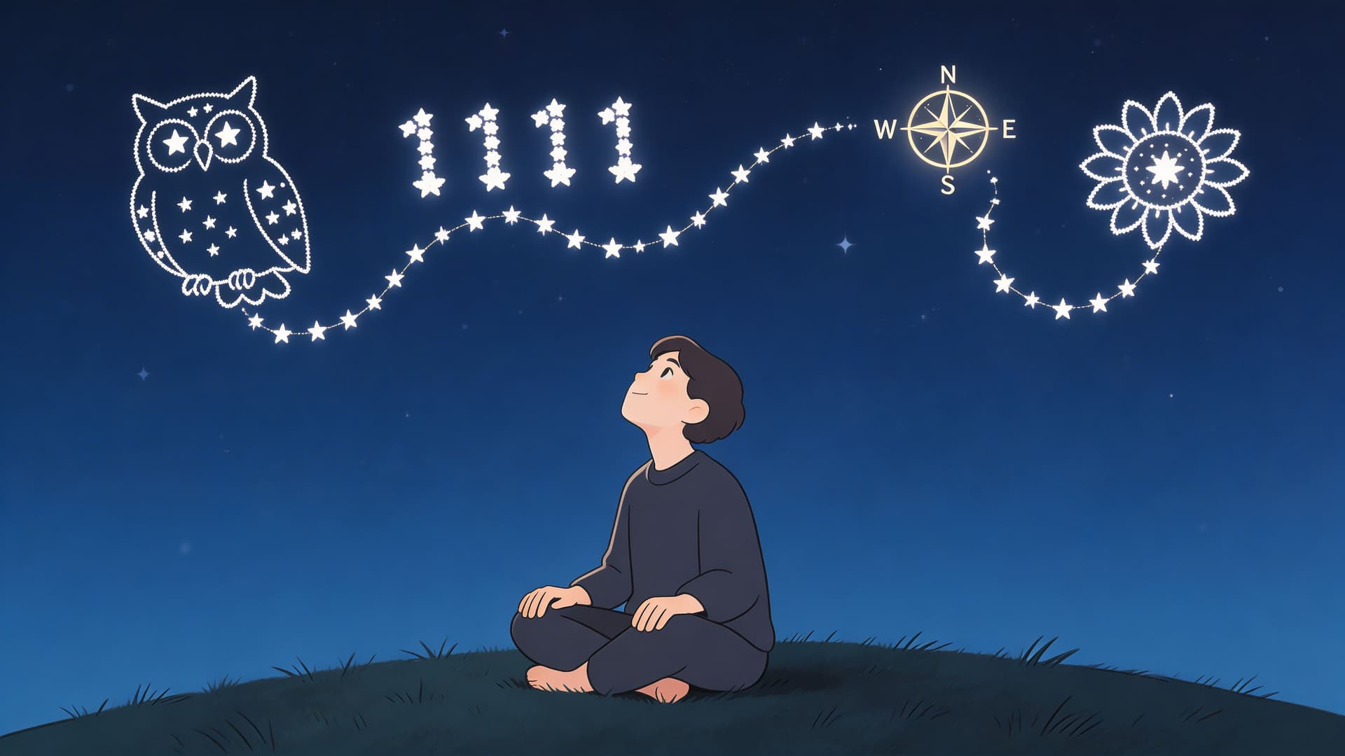 A young boy sits on a hill gazing at magical constellations including an owl and compass.