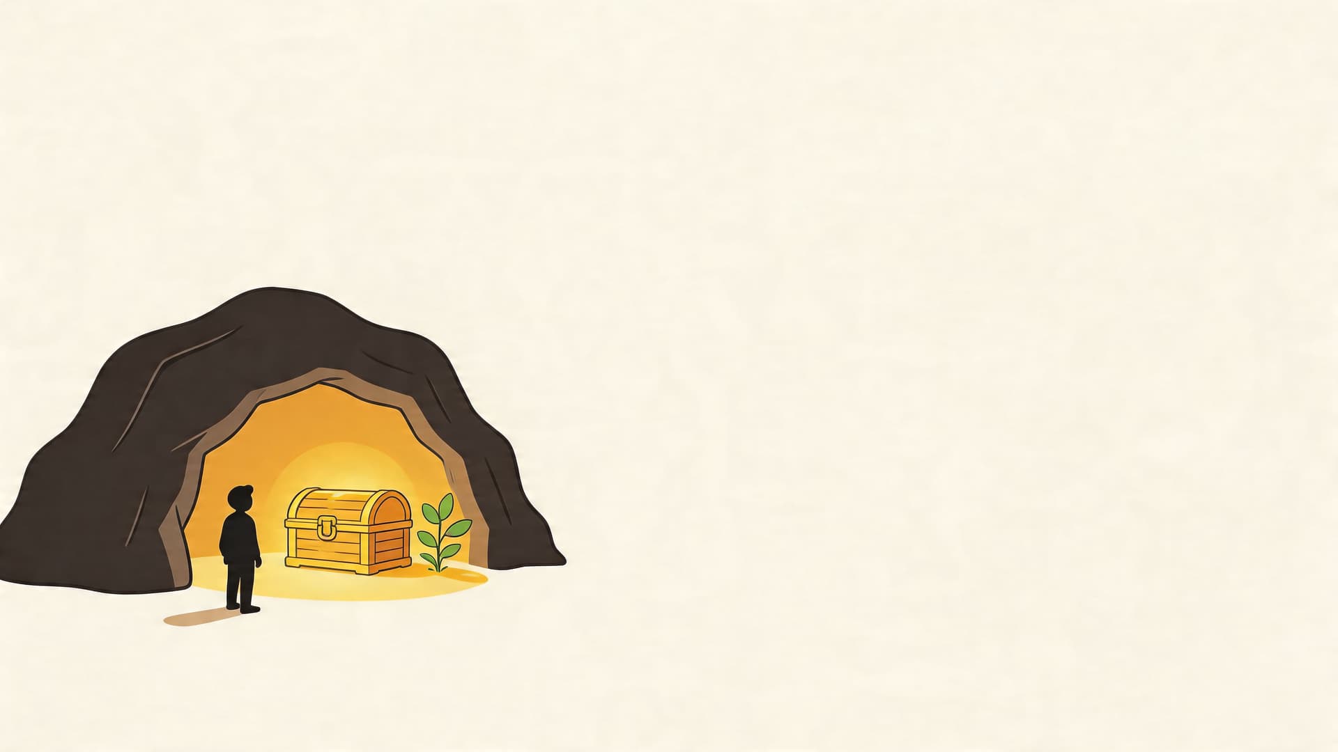 A silhouette of a person standing before a golden treasure chest inside a dimly lit cave.