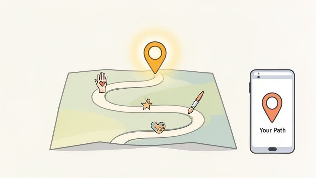 Map with a winding path, creative symbols, and a glowing destination pin, displayed on a smartphone as 'Your Path'.