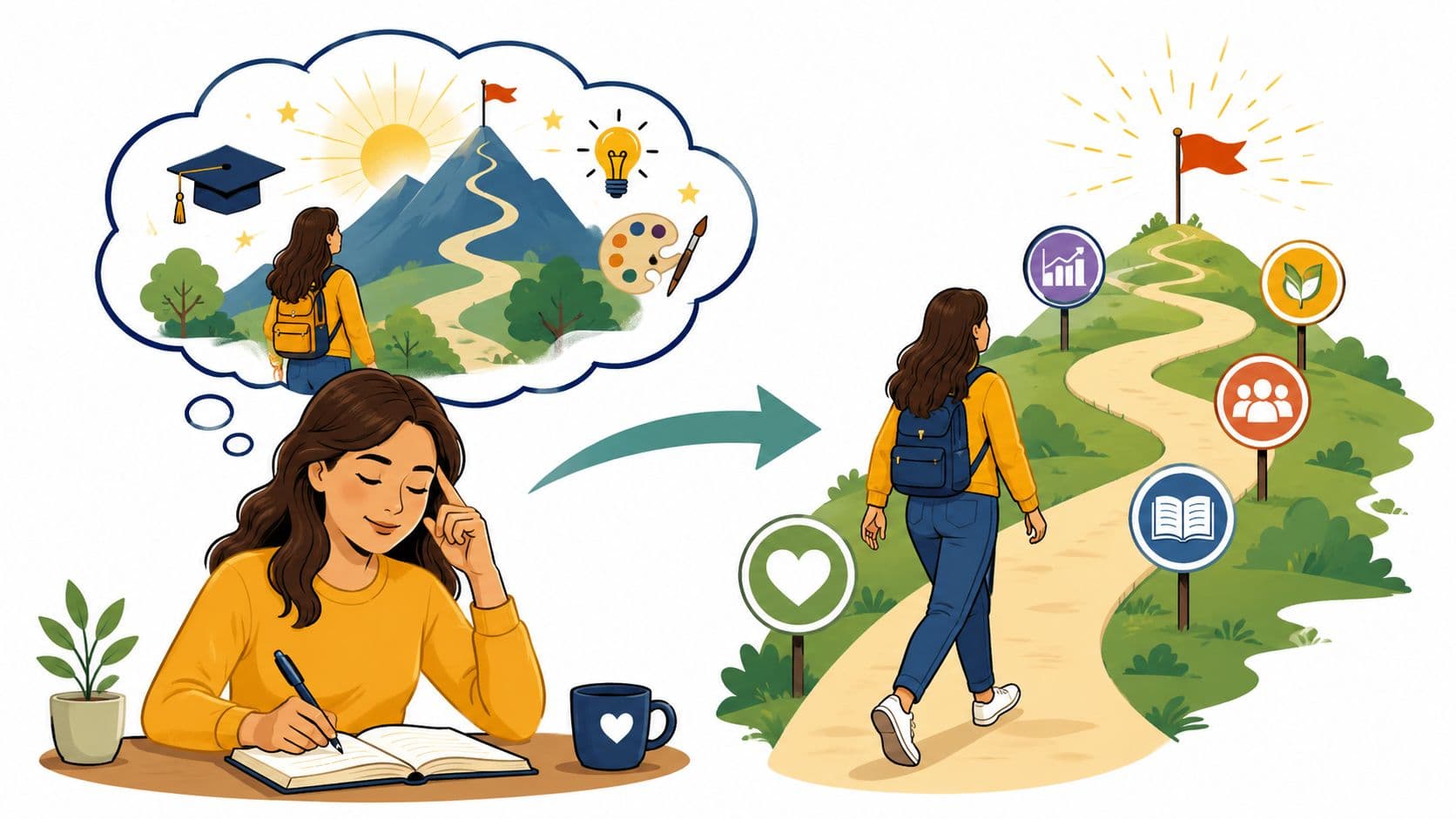 A woman sketching her goals and then walking towards a sunny mountain path with educational milestones.