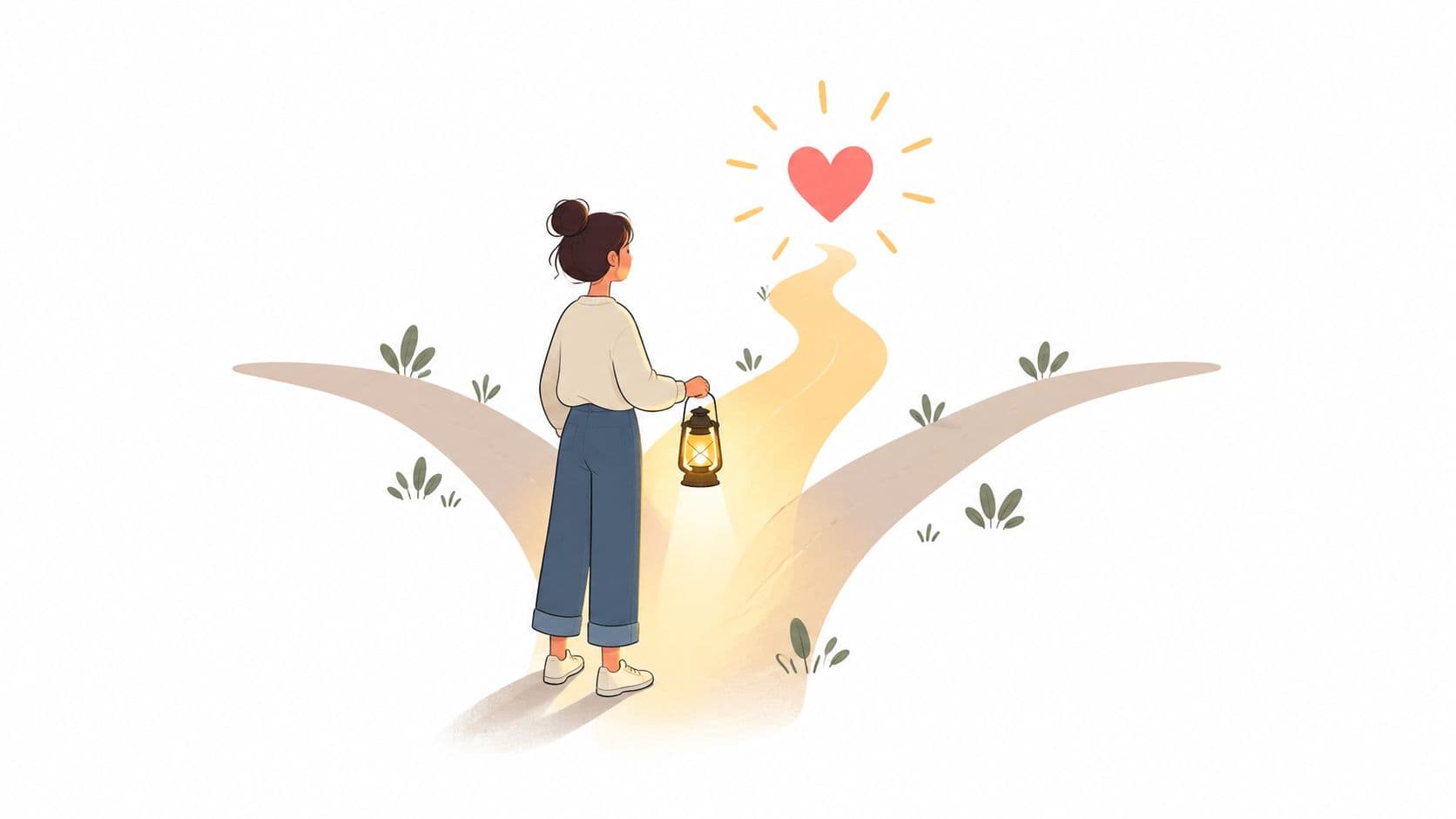 A woman holding a lantern stands at a fork in the road leading toward a glowing heart.