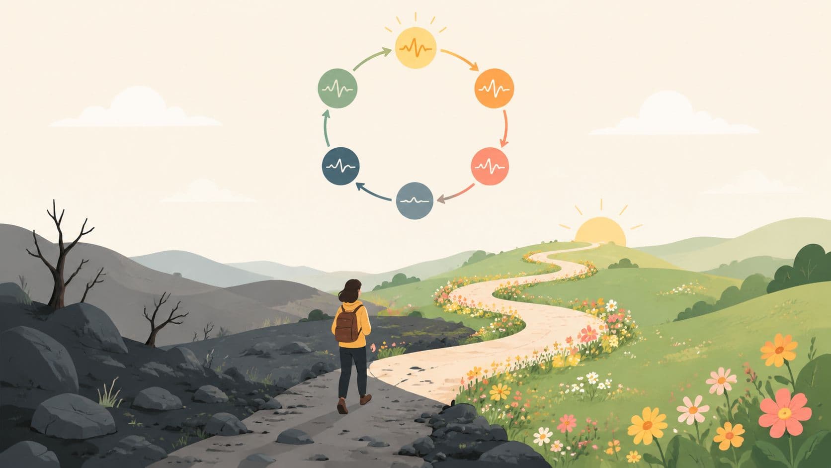 A traveler walking from a barren landscape towards a vibrant, sunny, flower-filled path with a life cycle chart.