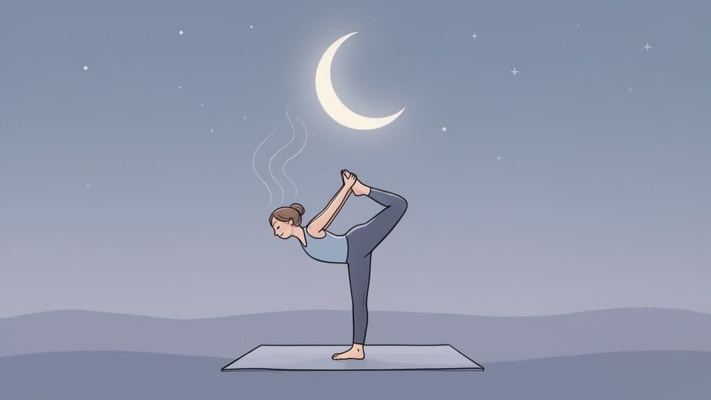 A woman performs a graceful Dancer's Pose on a yoga mat under a crescent moon and stars at night.