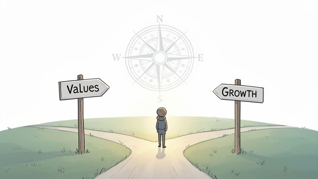 A person stands at a crossroads, choosing between paths marked “Values” and “Growth,” with a compass overhead.
