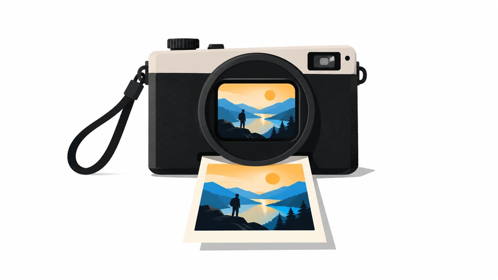 A digital illustration of a vintage-style camera ejecting a photo featuring a person overlooking a mountain lake.