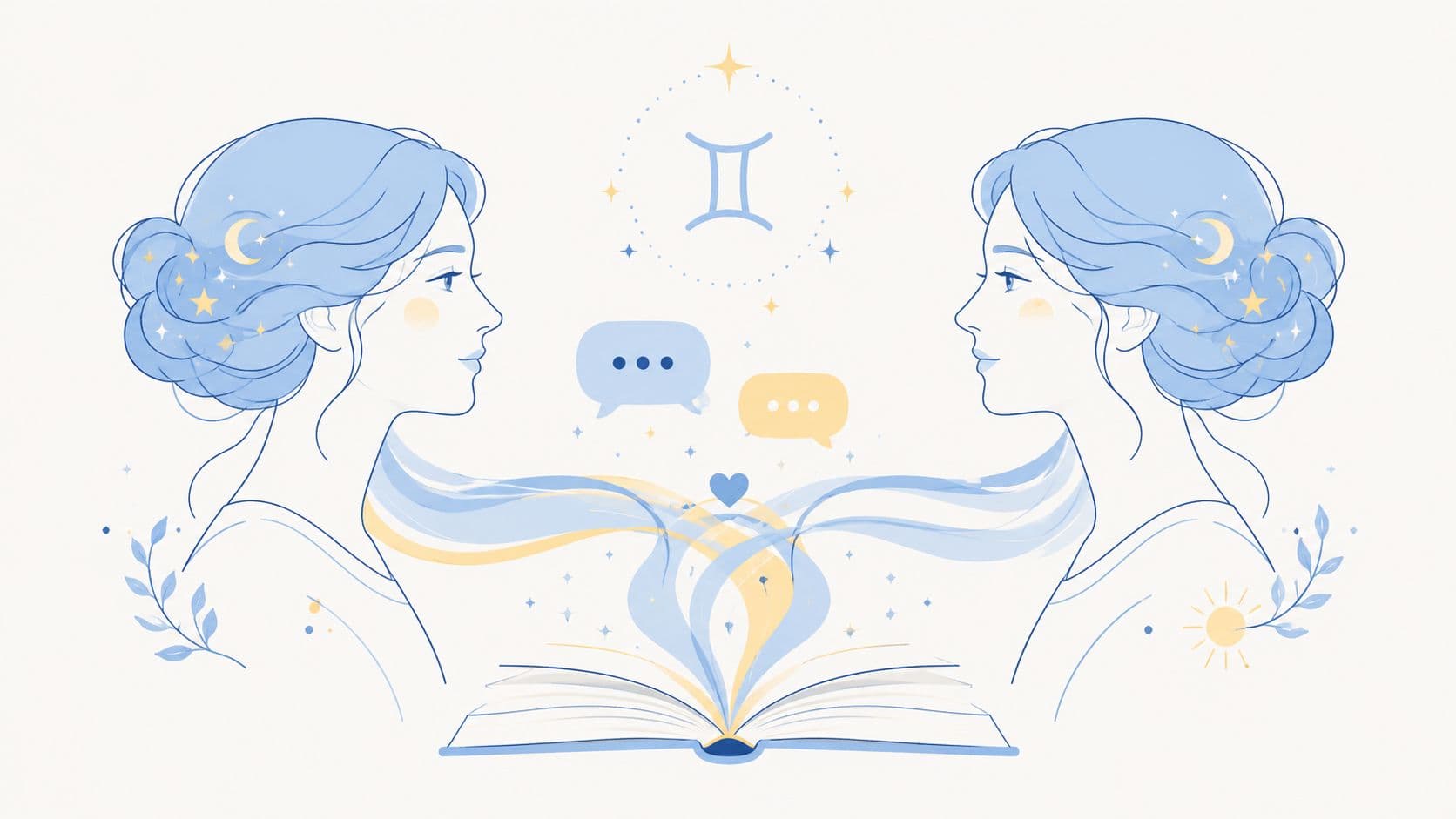 An artistic illustration representing the Gemini zodiac sign featuring two women, a book, and celestial elements.