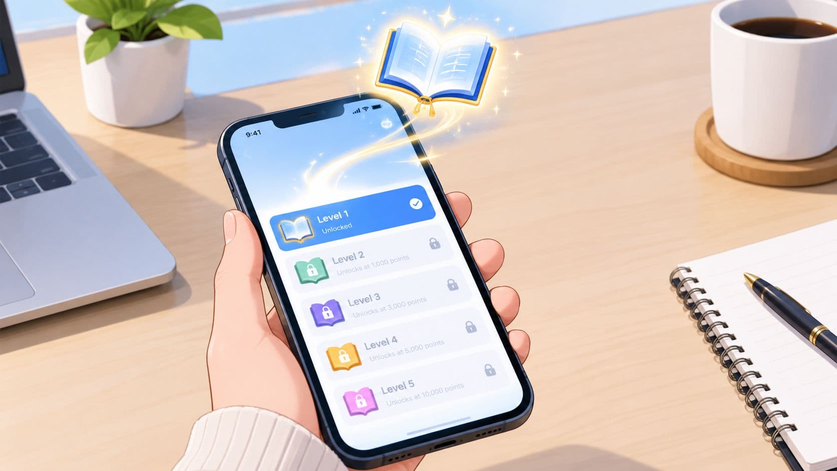A smartphone held in a hand showing a educational learning app interface with levels and progress.
