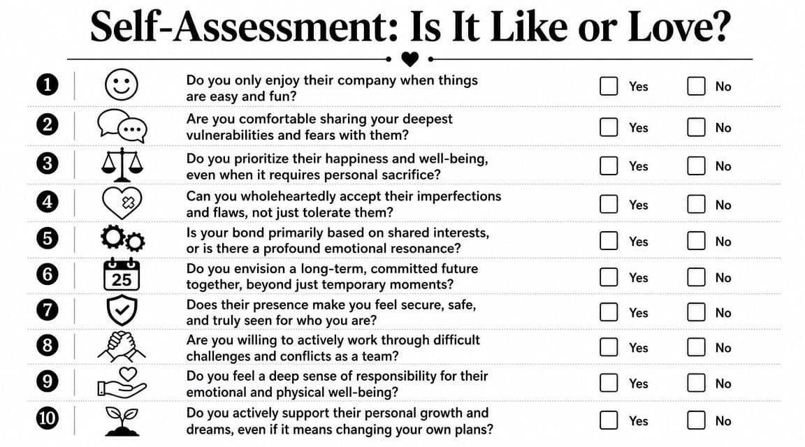 A self-assessment questionnaire titled Is It Like or Love featuring ten questions to distinguish between affection and love.