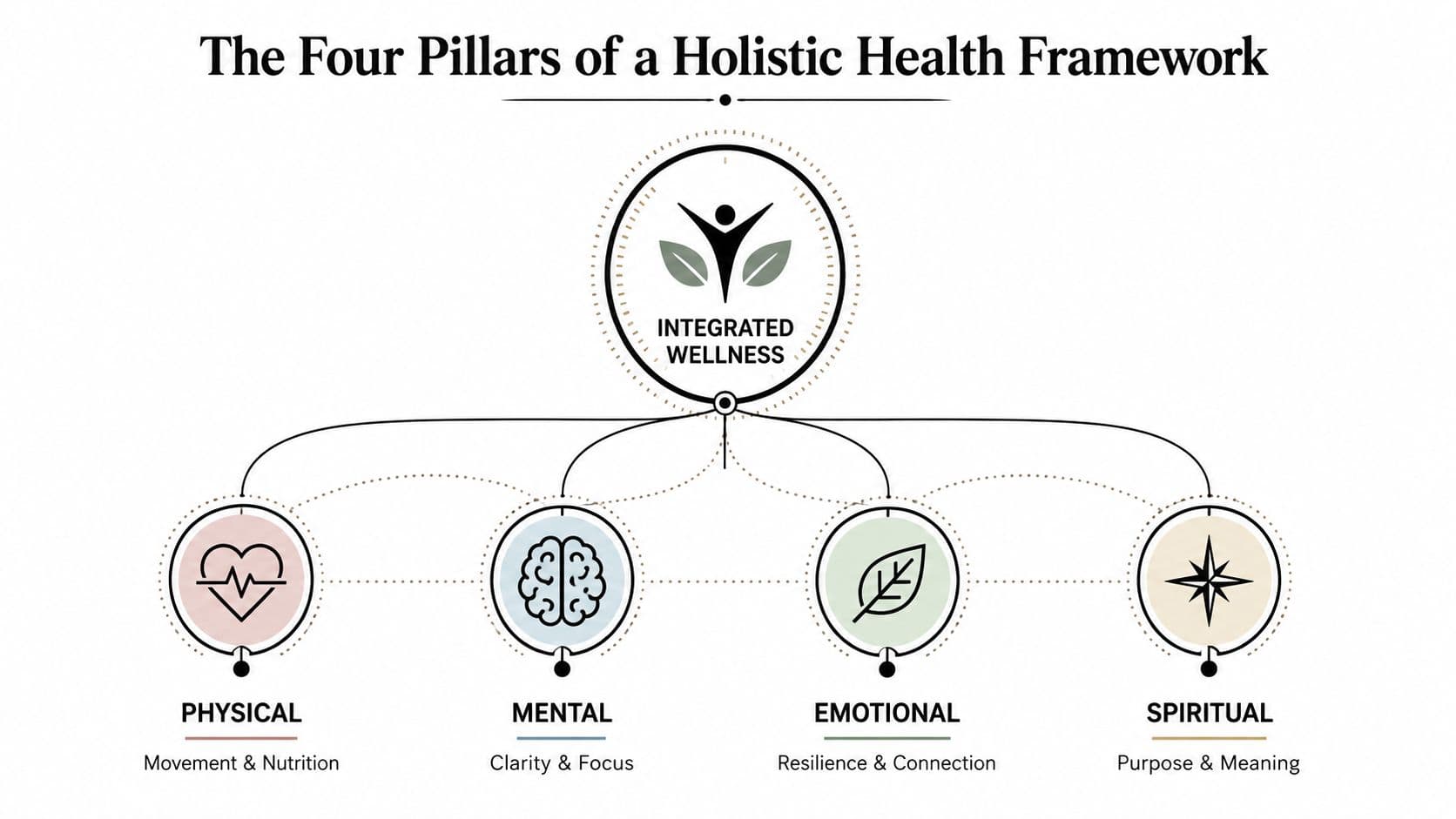 A diagram depicting the four pillars of a holistic health framework: physical, mental, emotional, and spiritual wellness.