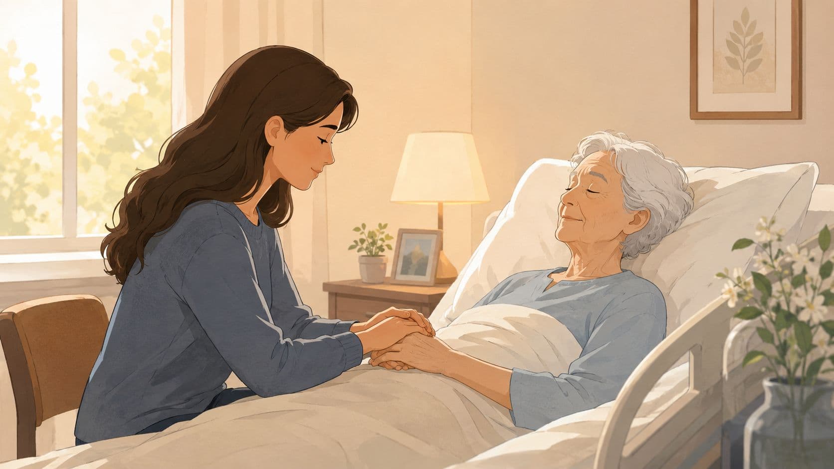 A caring young woman holding the hand of an elderly woman resting peacefully in a hospital bed.