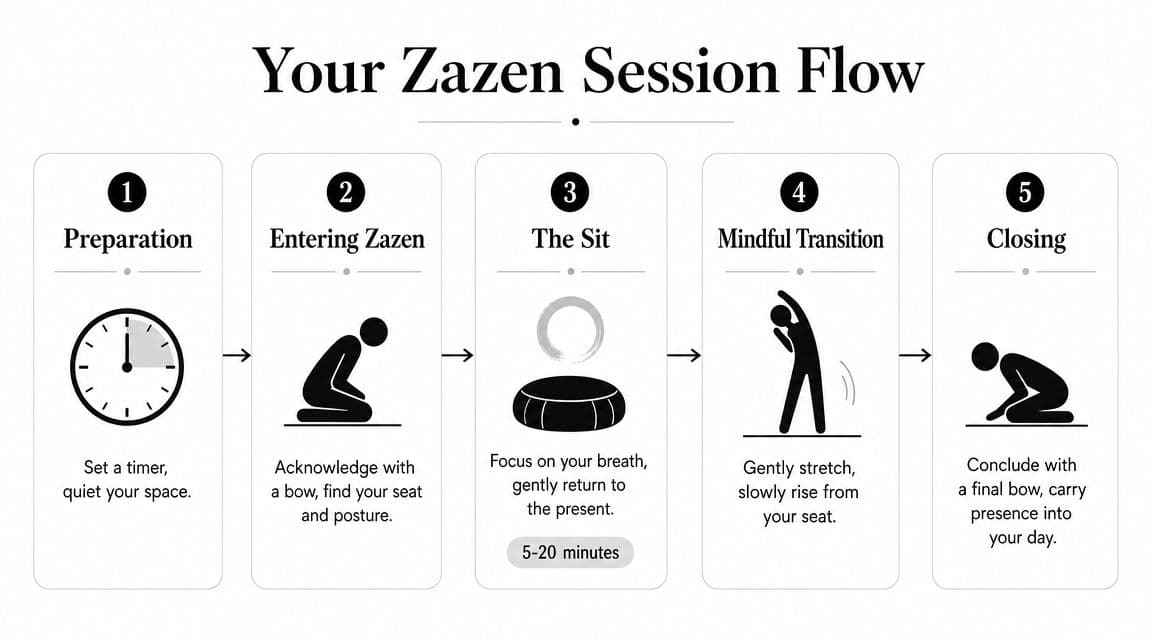 A step-by-step infographic illustrating the five stages of a Zazen meditation session for beginners.