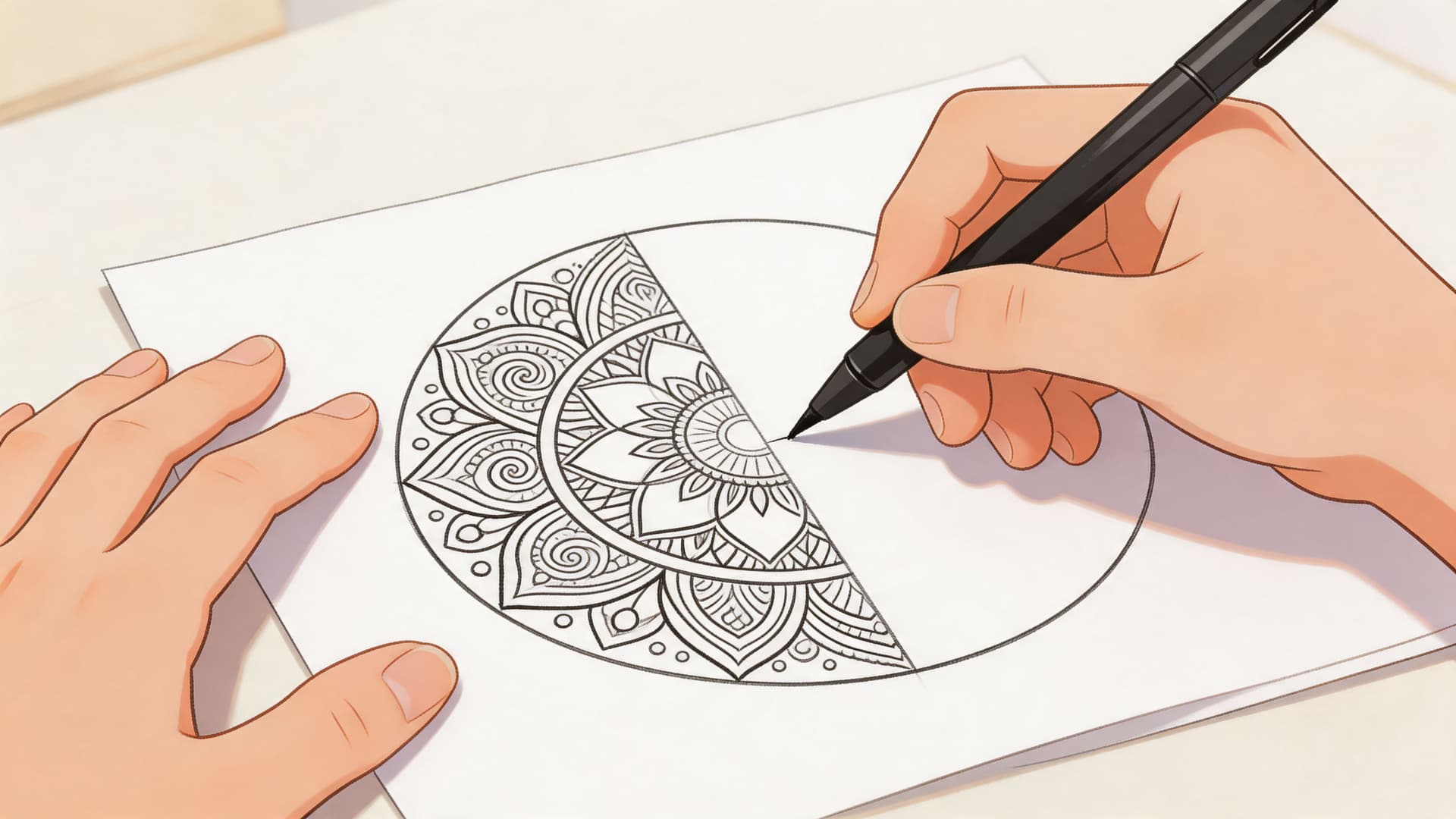 A person drawing a symmetrical mandala pattern with a black pen on a piece of white paper.