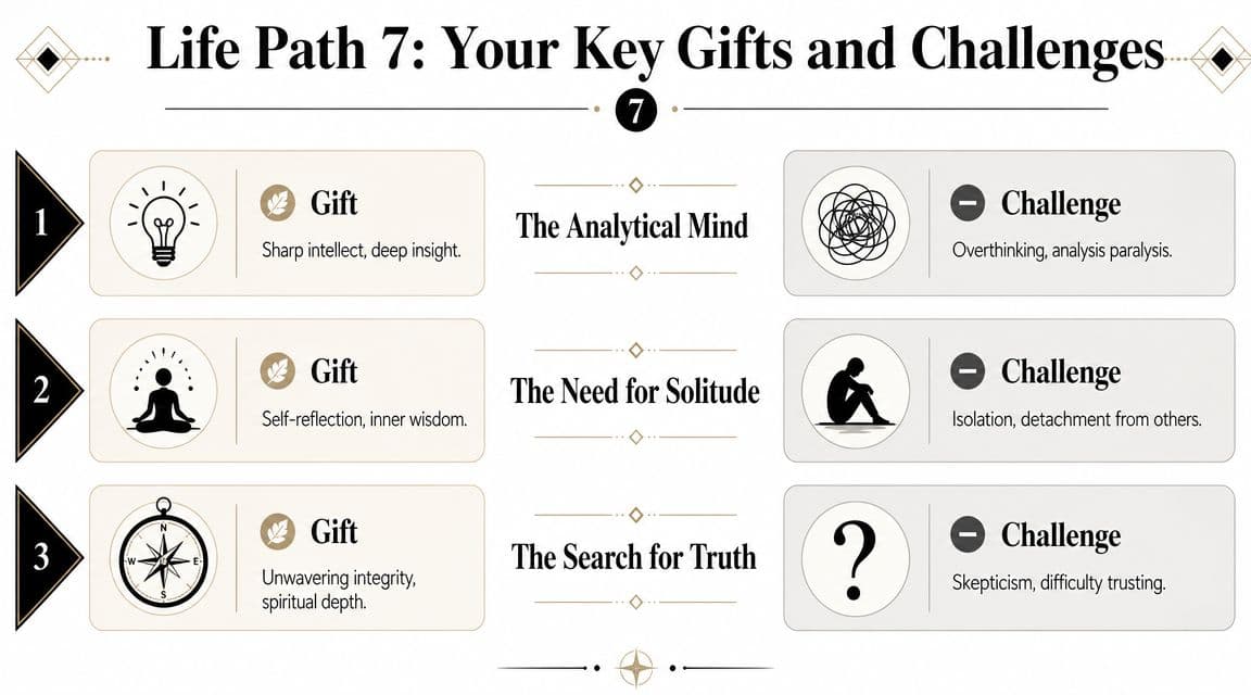 An infographic titled Life Path 7 outlining the key gifts and challenges for this numerology life path.