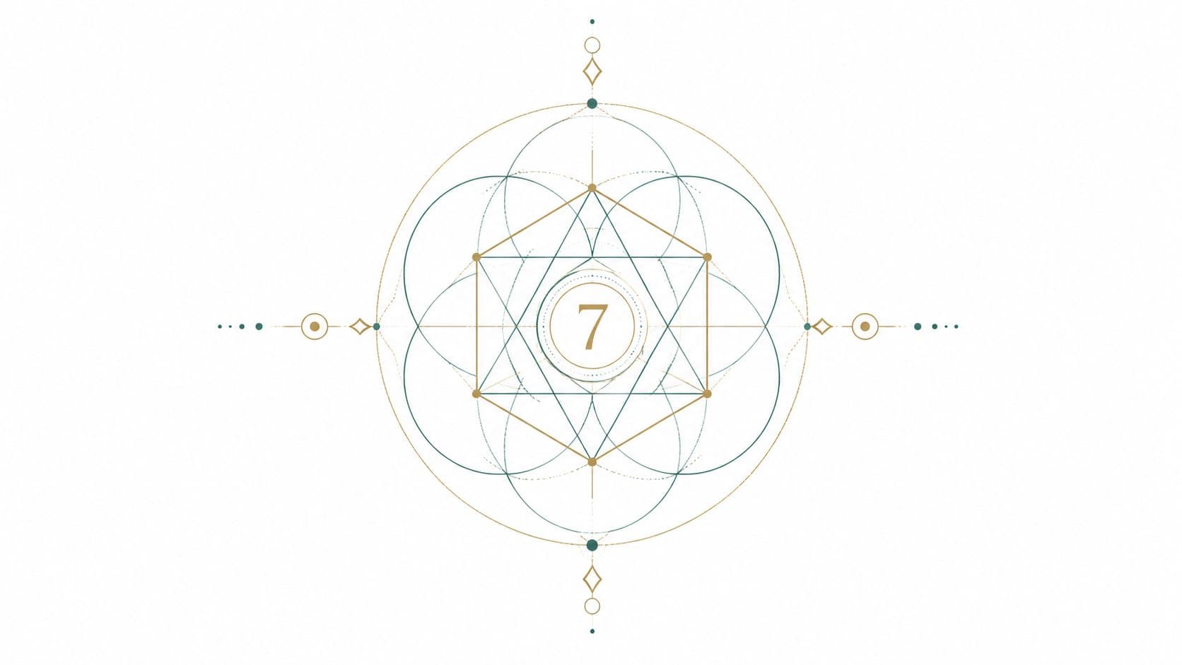 A minimalist, symmetrical sacred geometry design featuring the number seven inside a complex circular pattern.
