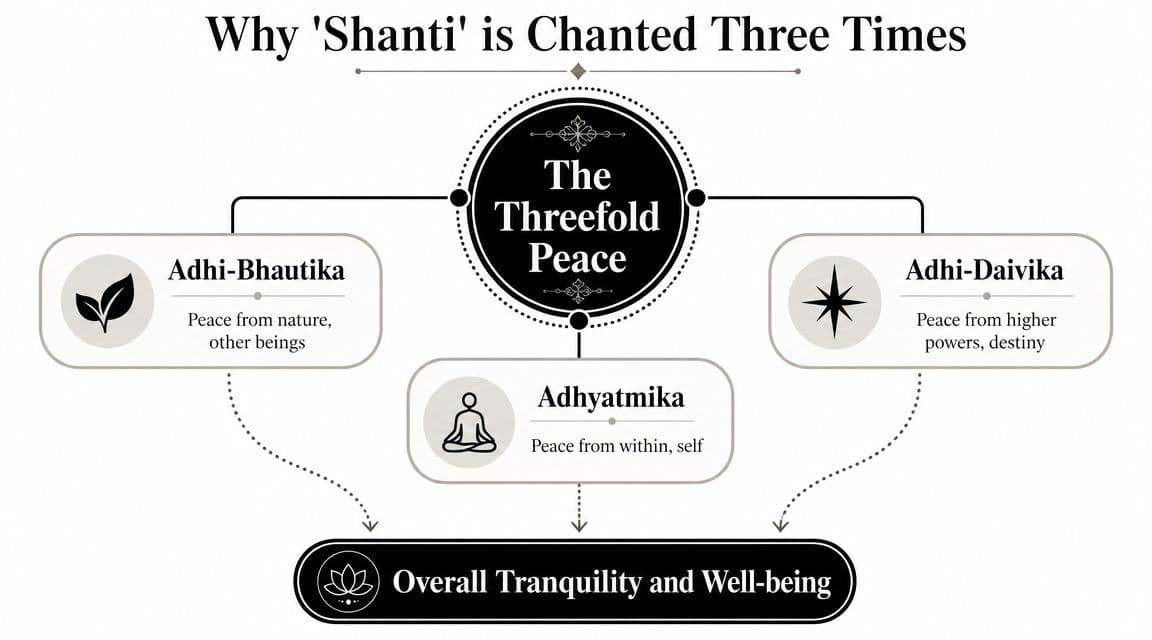 A diagram explaining that the word Shanti is chanted three times to achieve threefold peace and tranquility.