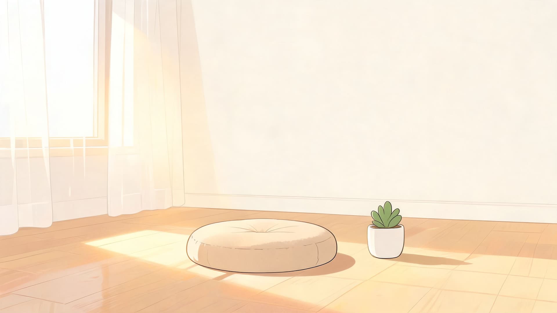 A minimalist room with sunlight streaming through a window, a floor cushion, and a small potted plant.