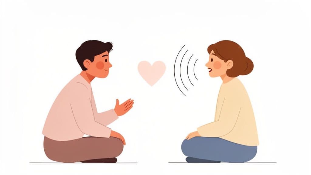 Illustration of a man and woman communicating, with sound waves from the woman and a heart between them.