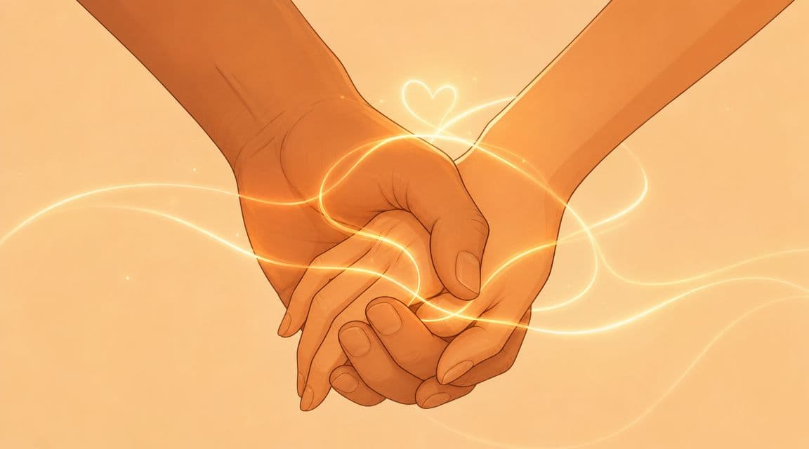 A gentle and artistic illustration of two hands holding each other with glowing, flowing lines of light.