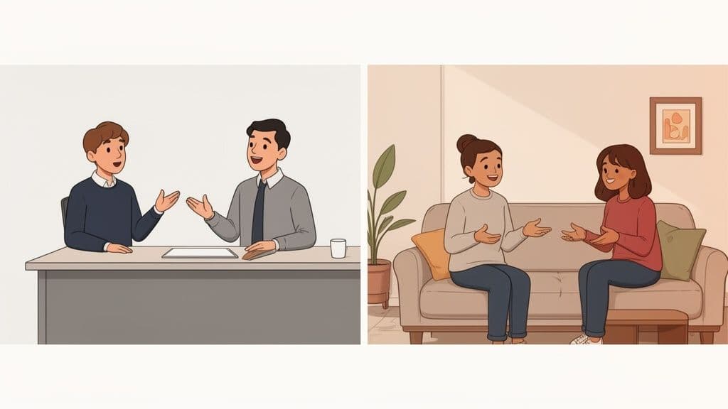 Two illustrated scenes of people actively communicating and gesturing in different environments.