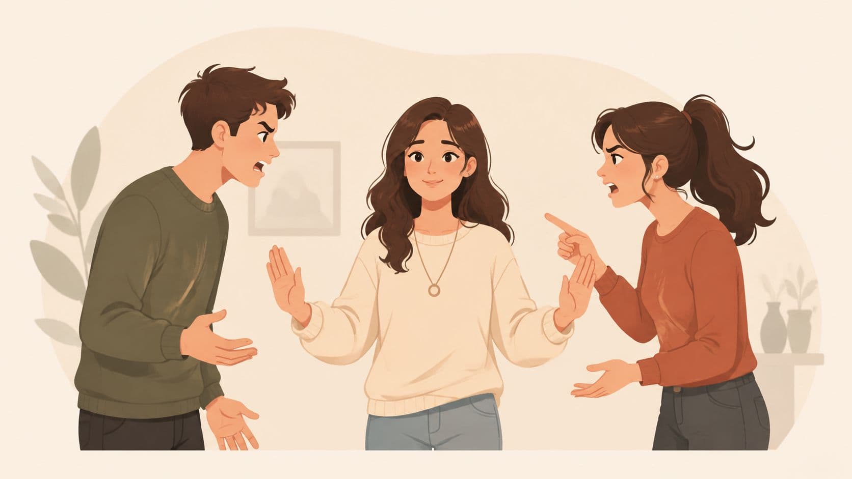 A young woman stands calmly between a man and another woman who are arguing with her.