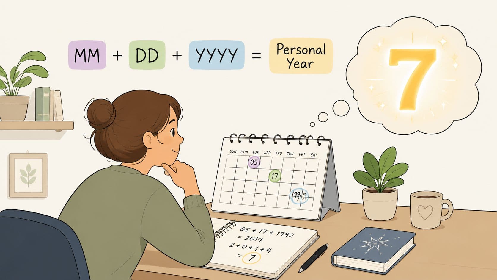 A woman calculating her personal year number using numerology at a desk with a calendar and notebook.