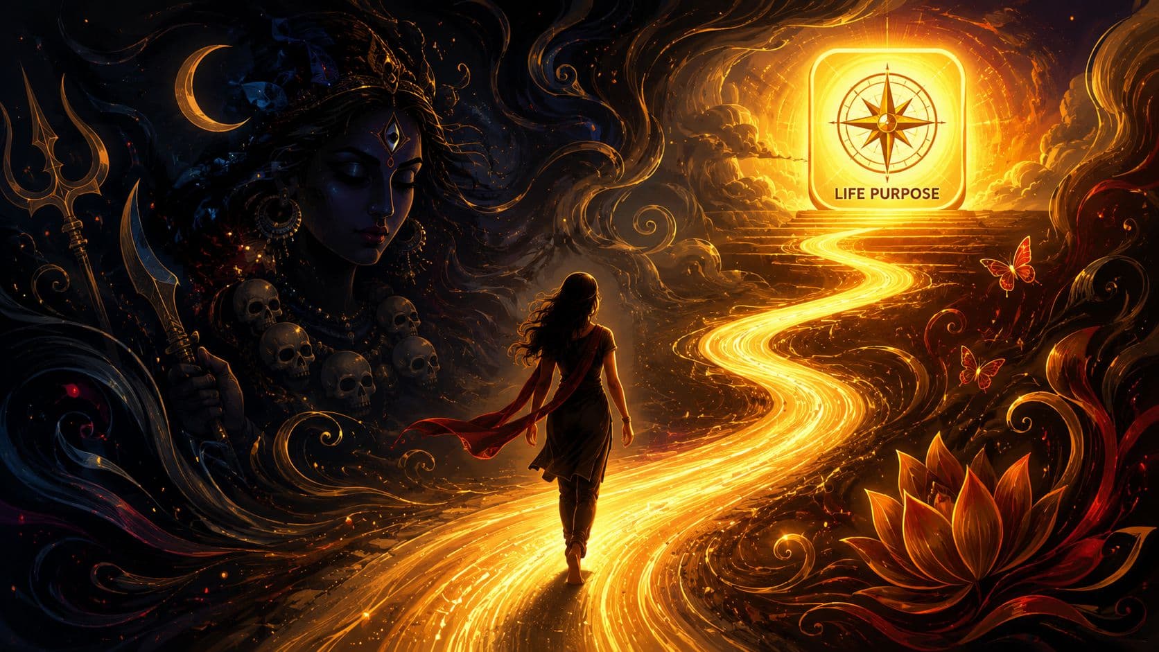 A woman walks toward a glowing compass symbol of life purpose amidst divine goddess imagery and swirls.