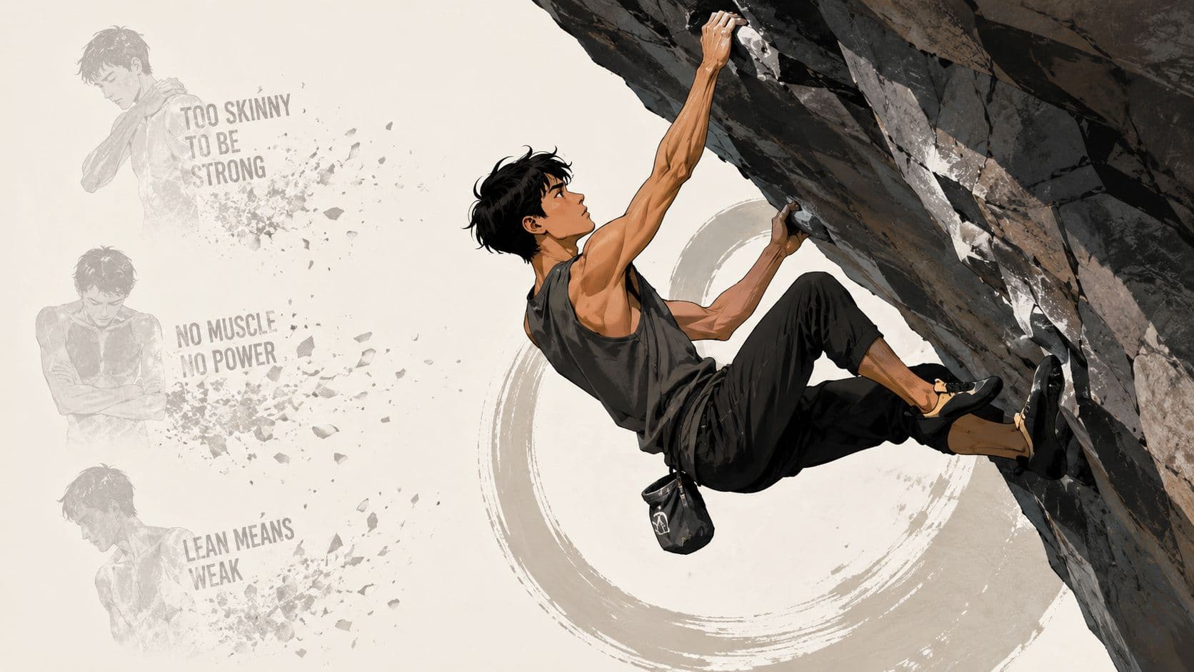 A slim, muscular rock climber scaling a steep cliff face alongside text challenging misconceptions about thin body types.
