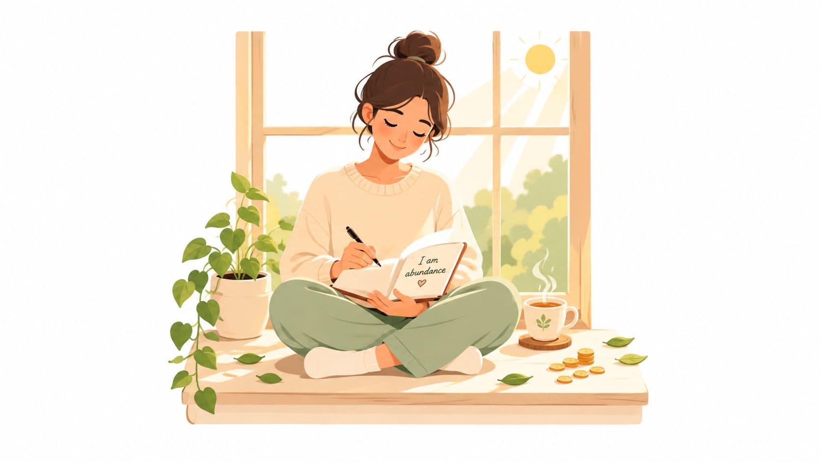 A woman sitting on a windowsill writing in a journal with the words I am abundance written inside.