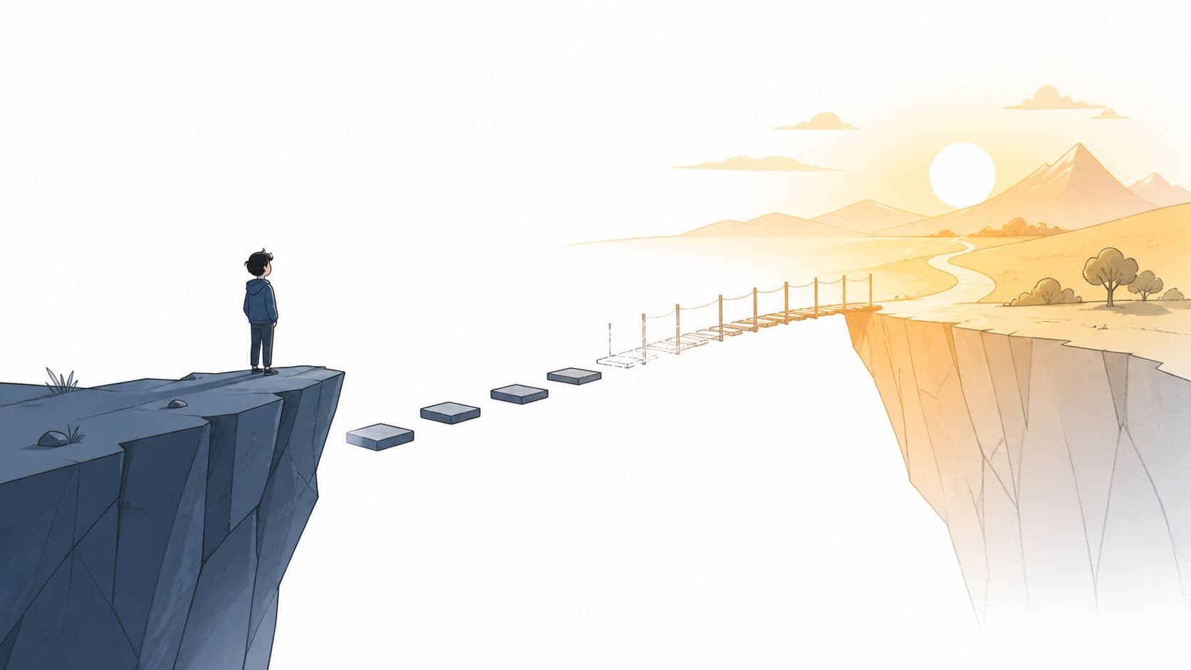 A young boy stands at the edge of a cliff, looking toward a bridge of floating stones.