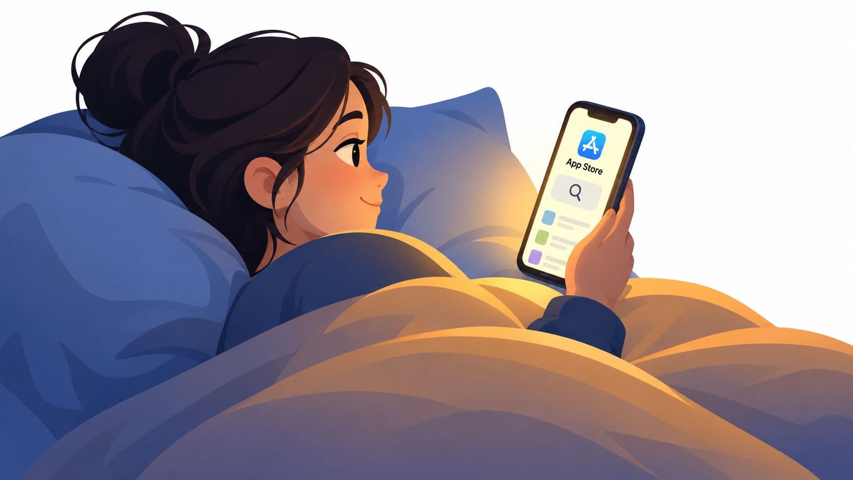 A girl with a hair bun lies in bed using the App Store on her smartphone.