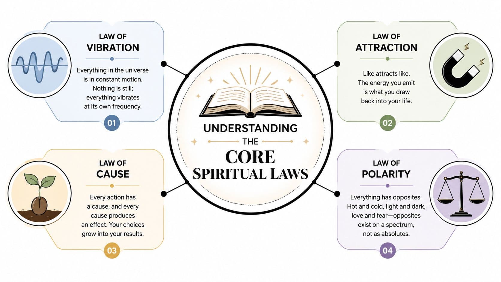 A diagram illustrating the four core spiritual laws: vibration, attraction, cause, and polarity with explanatory text.