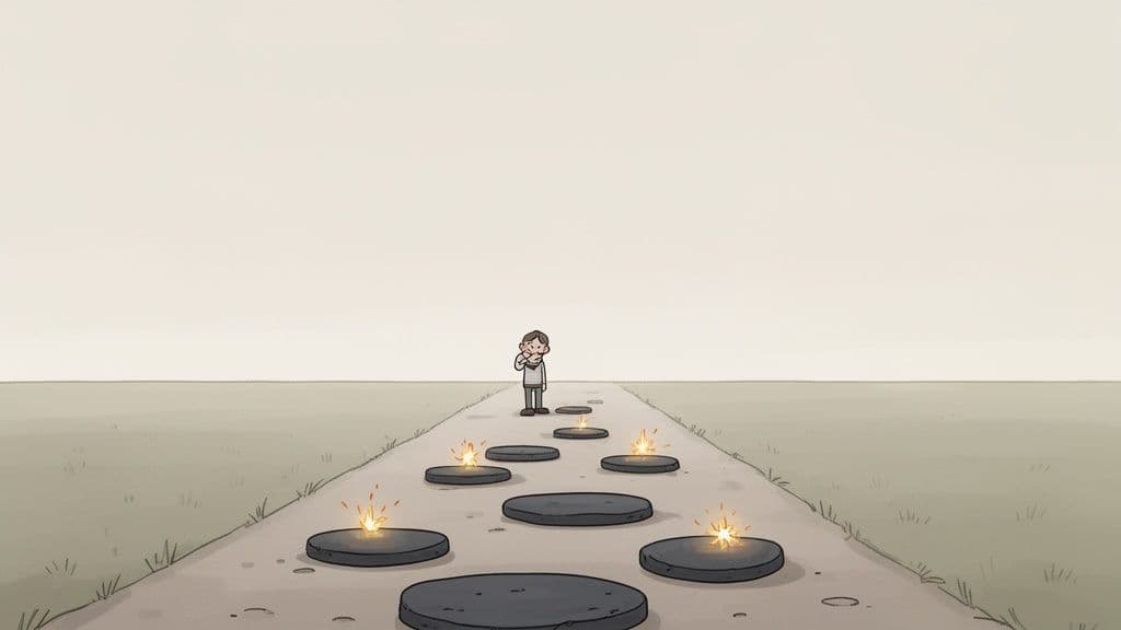 An illustrated character standing at the beginning of a path with circular stones and glowing embers.